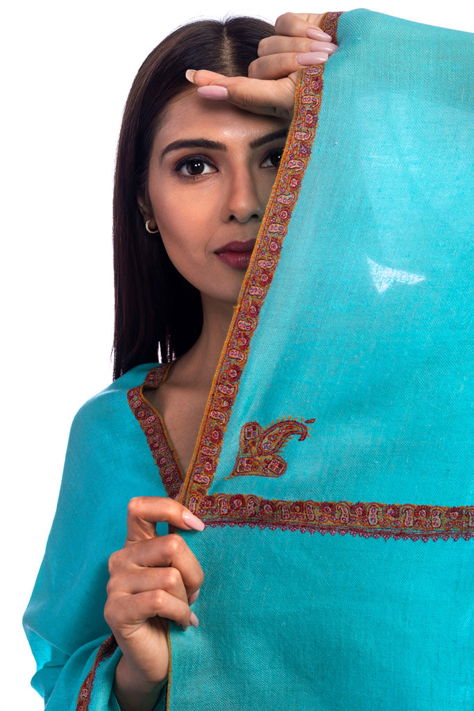 Turquoise Pashmina with Needlework Border