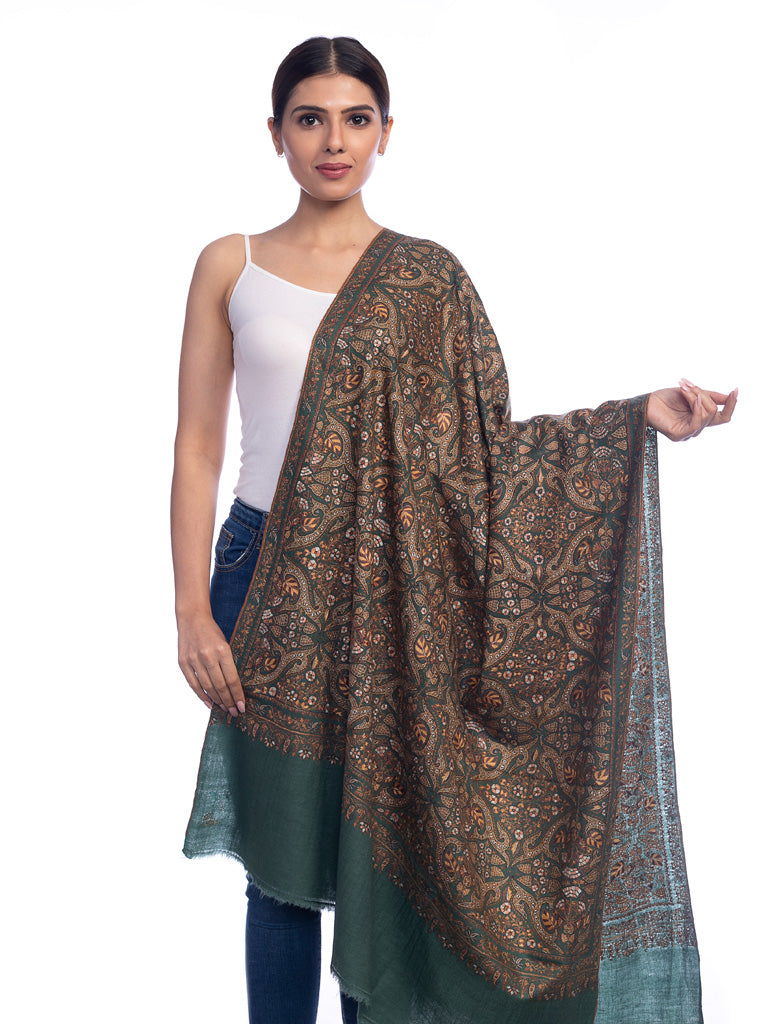 Bottle Green Pashmina with Heavy Needlework